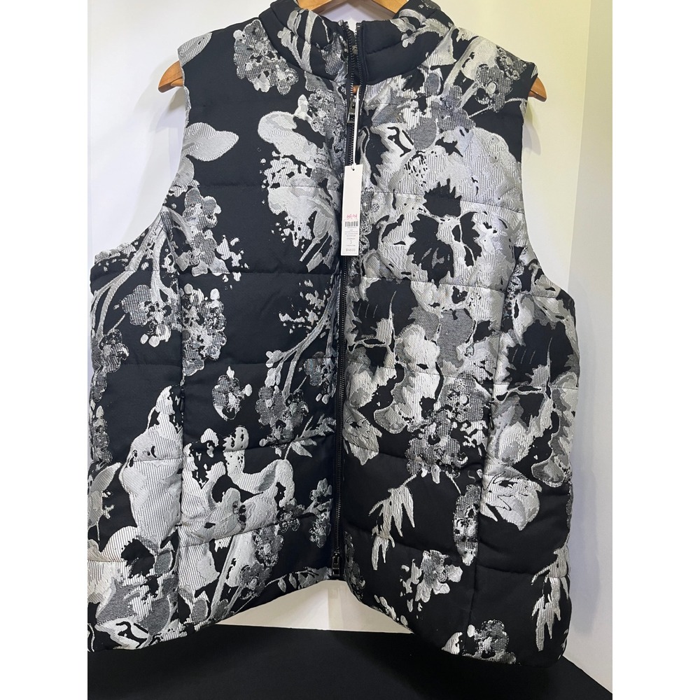 Chico's Womens XL Black Silver Metallic Floral Jacquard Puffer Vest NWT